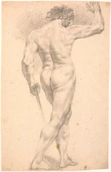 Standing male model, seen from the back, with raised right hand