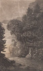 Landscape with Cliffs and Large Trees, Two Men on the Right
