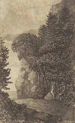 Landscape with Cliffs and Large Trees, Two Men on the Right