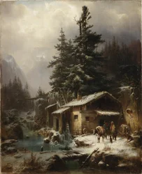 Winter Landscape with Figures Resting Near a Water Mill