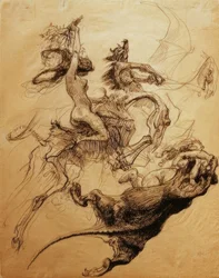 Nude Woman Riding a Skeleton and Devil Riding a Pterodactyl