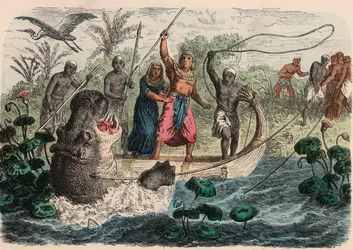 Ancient Egypt: Pharaoh hunting hippopotamus, 1866