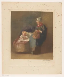 Woman Working Next to a Child in a Cradle