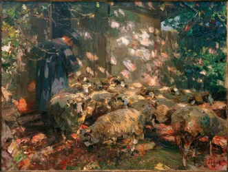 Shepherd with Sheep in Front of the Stable