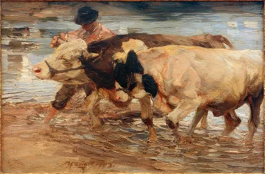Farmhand with Cow and Ox