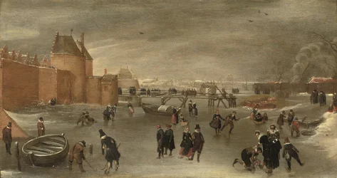Skaters, kolf players and sledges on a frozen river near the St. Janspoort city gate, with the Kruispoort in the background and the Pink mill beyond, Haarlem