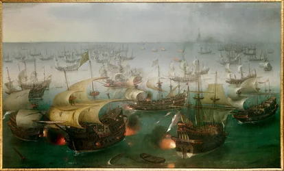 The invincible Armada against the English fleet: “7th day of the Battle with the Armada, 07/08/1588”, painting by Hendrick Cornelisz Vroom (1566-1640)