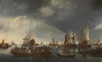 Harbor with Sailboats and Ferry Boat