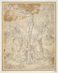 Christ on the Cross between the Virgin and St. John with Scenes of the Passion in the Background