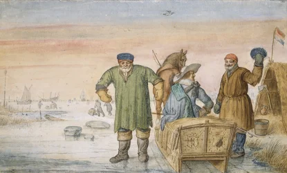 Two Old Men beside a Sled Bearing the Coats of Arms of Amsterdam and Utrecht