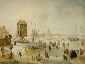 Winter Landscape with Skaters on a River by a Windmill