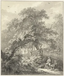Forest scene with resting travelers under a tree