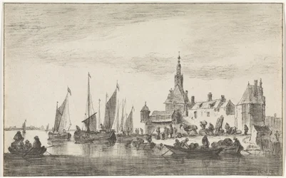 River View with Merchants on a Bank near Houses