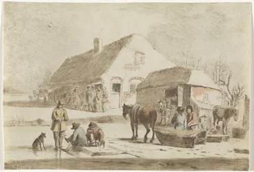 Skaters and a Sledge by a Farm