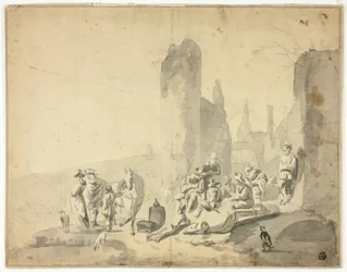 Harborside Scene with Various Figures