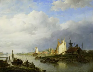 Boats on a River with a Beacon of Light
