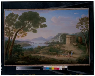 An Extensive Classical Landscape with Figures Seated Before a Tempietto