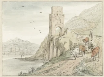Italianate River Landscape with Mountains and a Gate Tower