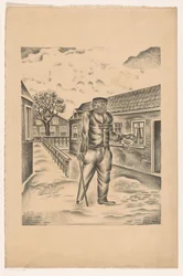 Man with Wooden Leg and Cane in a Village Street