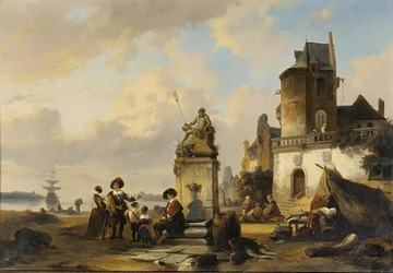 Elegant Figures Sitting by a Fountain, a Harbor Outside