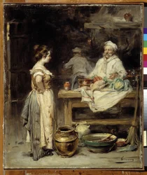 The kitchen: a cook and a maid in a kitchen