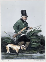 Man hunting with his dog: "Everyone takes his pleasure where he finds him" - in "Les pastemps" by Henri Monnier, ed. Delpech, Paris