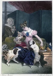 Young girl with dogs: "Everyone takes his pleasure where he finds him" - in "Les pastemps" by Henri Monnier, ed. Delpech, Paris