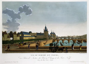 View of the Flower Market, Exchange Bridge and New Bridge - in Views of Paris by Courvoisier