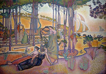 The evening air. Women in the grass by the woods