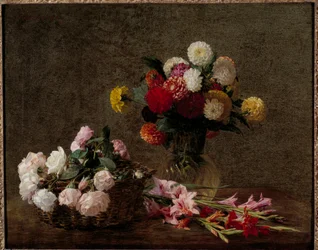 Dahlias and Roses in a Basket