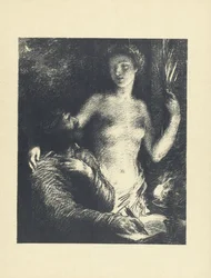 Man Sitting with Pen in Hand and Open Book and Next to Him Standing Naked Woman as Muse or Inspiration (L