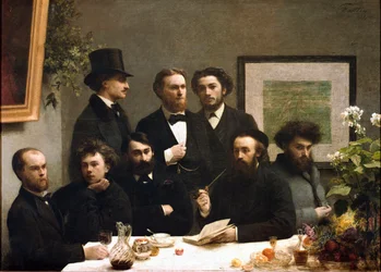 Table corner: from left to right: Paul Verlaine, Arthur Rimbaud, Elzear Bonnier, Leon Valade, Emile Blemont, Jean Aicart, Ernest d