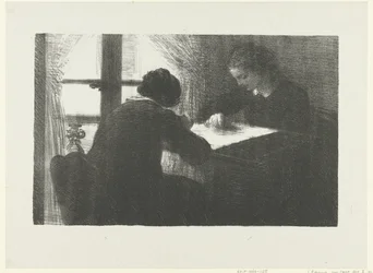 Two Women Embroidering at a Table by a Window Interior of Embroiderers L