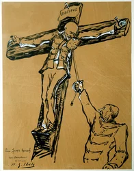 Satire on the Dreyfus affair: “Captain Dreyfus and General Mercier (1833-1921): the minister of war who sentenced Dreyfus, in the place of the Roman soldier, extends a sponge to Captain Dreyfus crucified so that he wipes his face”