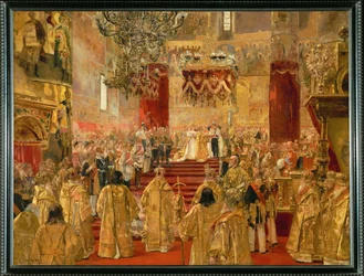 The coronation of Tsar Nicholas II and Empress Alexandra Feodorovna in the Cathedral of the Dormition, Moscow