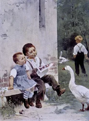 Education: children reading and goose watching them - in 
