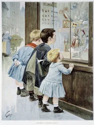 The Temptation: Children in front of a shop window looking at toys - illustration by Geoffroy, in “Figaro illustré”