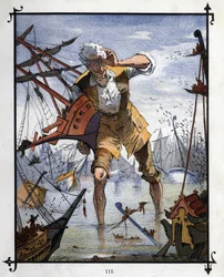 Lemuel Gulliver at the center of a naval battle between the ships of Lilliput and Blefuscu