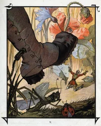The gigantic foot of a resident of Brobdingnag fails to crush Lemuel Gulliver in the tall grass. Illustration for 