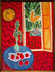 Red Interior, Still-Life on Blue Table