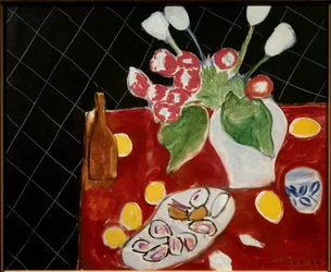 Tulips and Oysters on a Black Background
