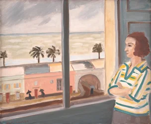 Young Woman Looking at the Sea, Stormy Weather
