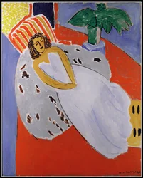 Young Woman in White, Red Background