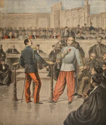 Colonel Henry and Lieutenant-Colonel Picquart speaking before the Court of Assisses, illustration from 