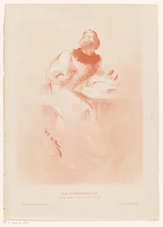 Woman Behind a Table with an Open Book, a Pen in Her Hand