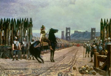 Gallic leader Vercingetorix (72-46 BC) surrendering to Roman chief Julius Caesar (100-44 BC) after the Battle of Alesia in 52 BC. Henri Motte (1846-1922), 1886 - Le Puy-en-Velay, Musée Crozatier - The Gallic chief Vercingetorix (72-46 BC) surrendering