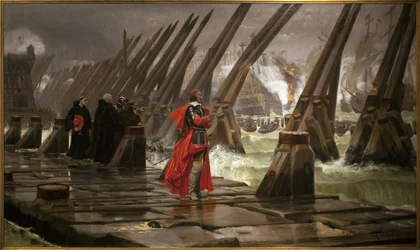 Richelieu on the dike of La Rochelle, painting by Henri Motte (1846-1922)
