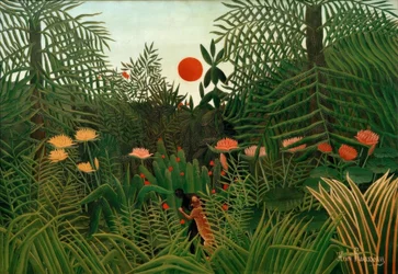 Virgin Forest at Sunset. Black Attacked by a Leopard