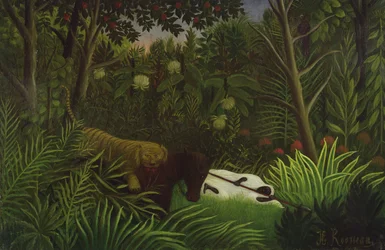 Tiger Attacking a Horse and a Sleeping Black Man