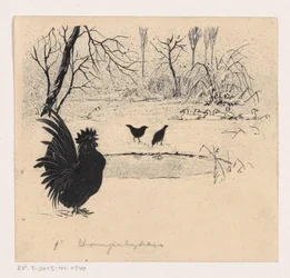 Ducks, Birds, and a Rooster by a Frozen Pond